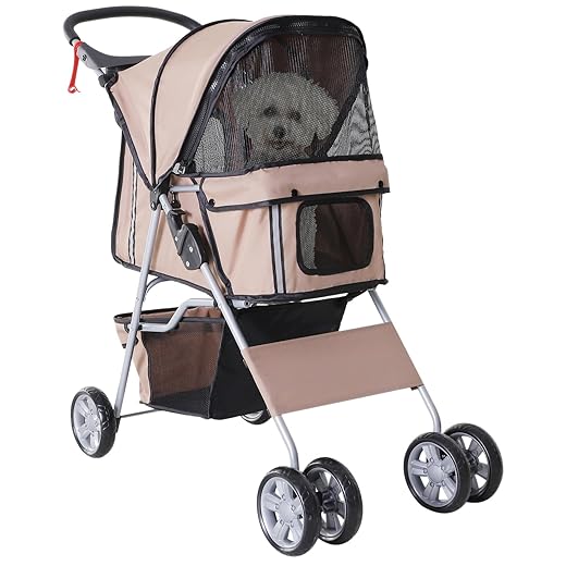 PawHut Cochecito Plegable Mascotas Carrito para Perros Gatos con Cuatro Ruedas Cesta de Almacenaje Ventanas y Portavasos Tela Oxford Marco de Acero 75x45x97 cm Café