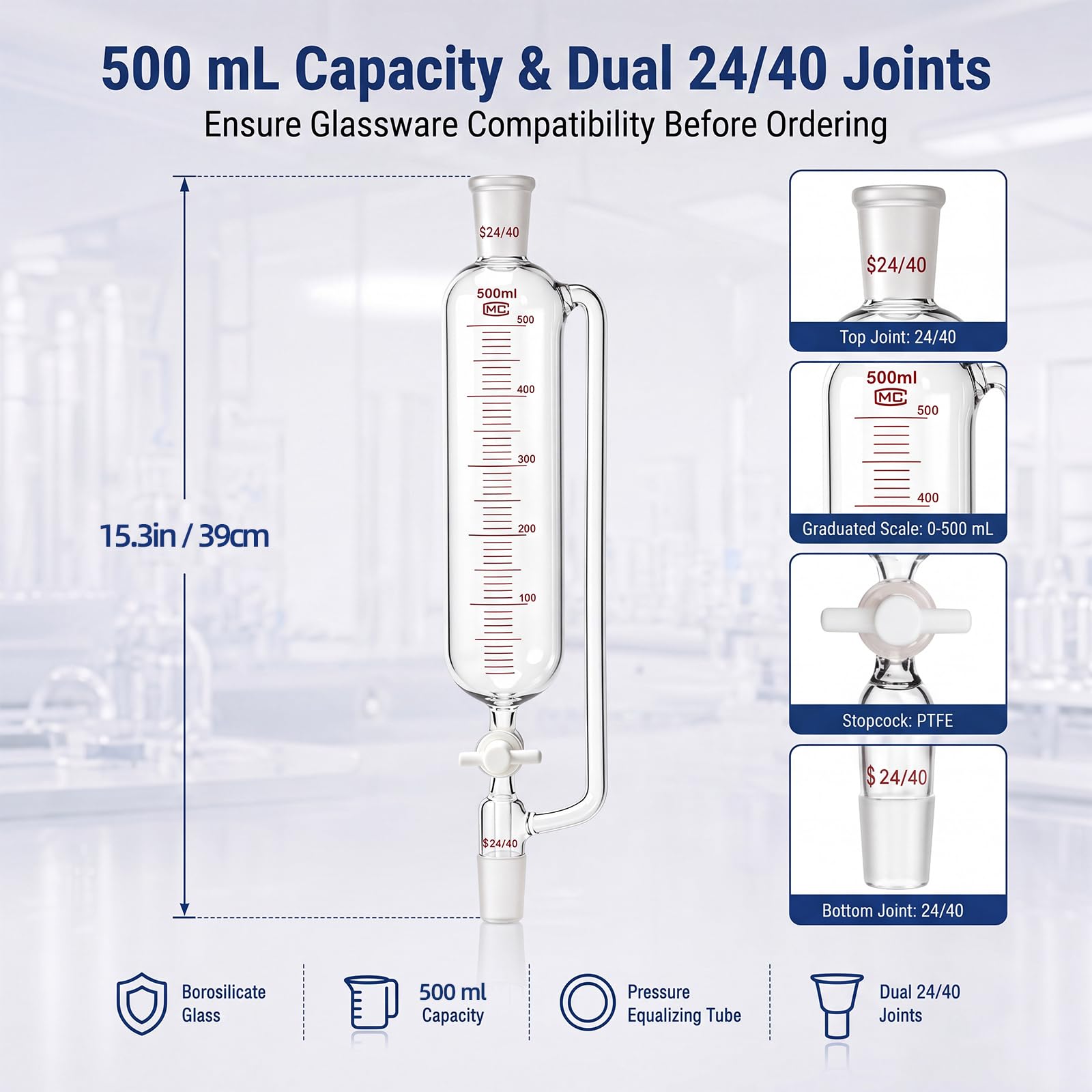 Sabary Embudo cilíndrico de adición de vidrio de borosilicato de 500 ml con llave de paso de PTFE doble 24/40, juntas cónicas estándar graduadas para sistema cerrado