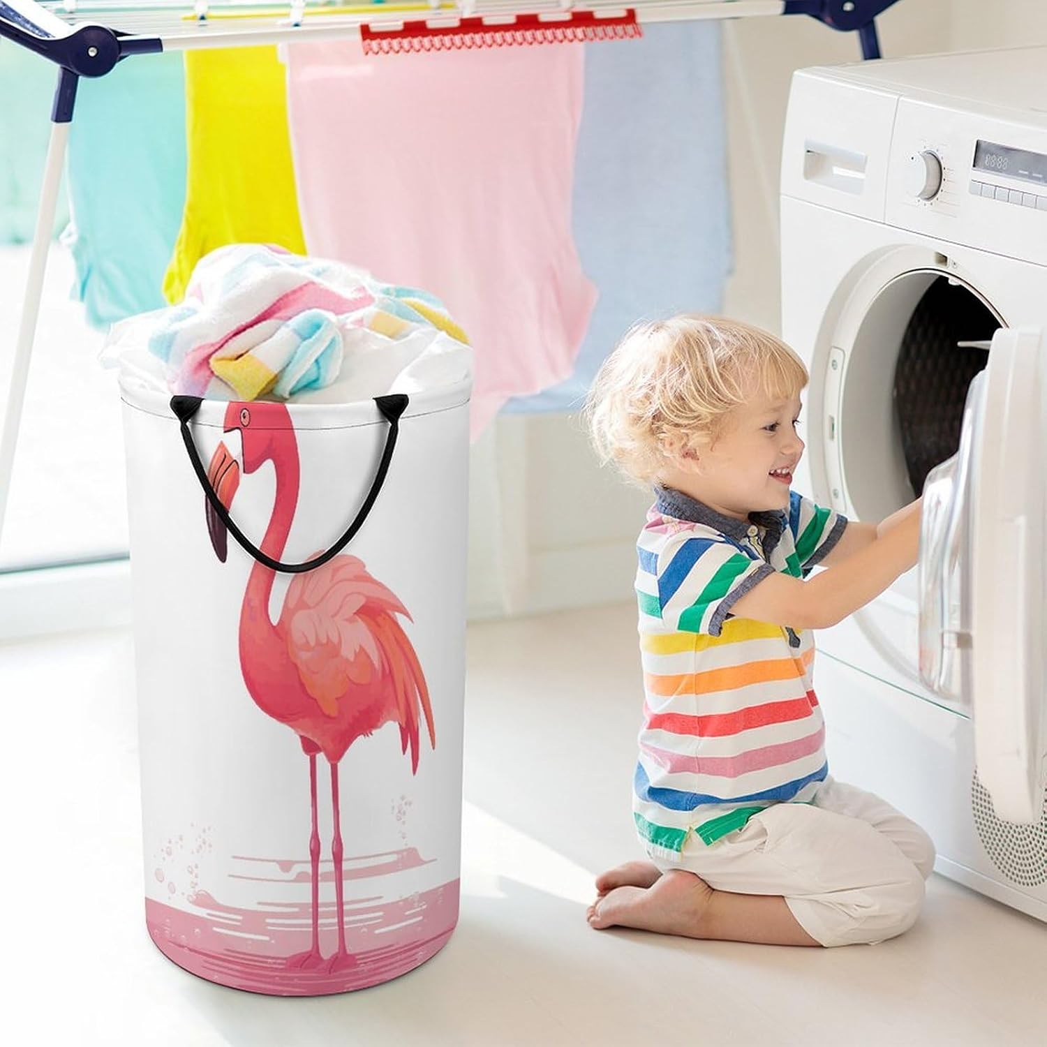 Cartoon Flamingo Laundry Basket 86L Laundry Hamper | Collapsible Clothes Hamper with Reinforced Handles Waterproof Tall Foldable Dirty Clothes Basket for Hotel, Home, Closet