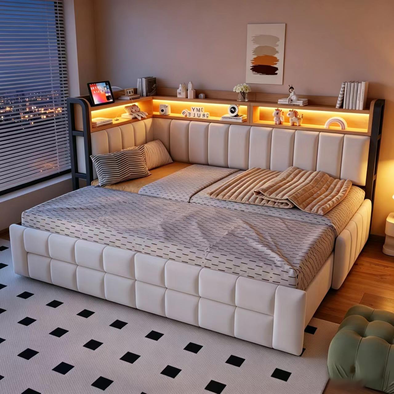 Schlafsofa 180x200 mit Zwei Schubladen und Gepolsterter Rückenfläche Stauraumbett Sitz und Liegefunktion mit Stoffbezug Polsterbett mit 2 Schubladen mit Integriertem Stauraum Schlafzimmer
