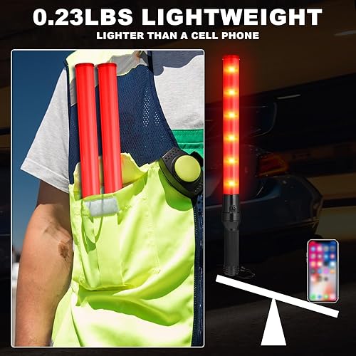 Miniatura 3 de Weewooday Paquete de 2 varitas de control de tráfico aéreo de seguridad de 21 pulgadas, varita de señal de tráfico LED, linterna de control de