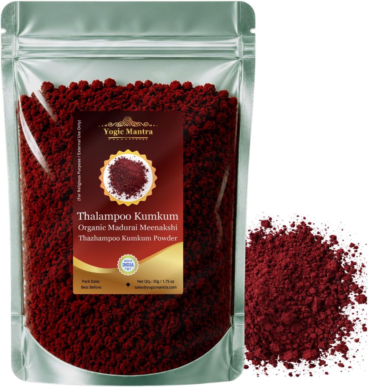 Yogic Mantra Thazhampoo Kumkum Powder (50g Resealable Pouch) Organic Madurai Mennaksi Thalampoo Premium Kumkum Ceremonial Mark Hindu Pooja Bridal Tilak Suhag Tikka Indian Rakhi Puja Religious Ceremony