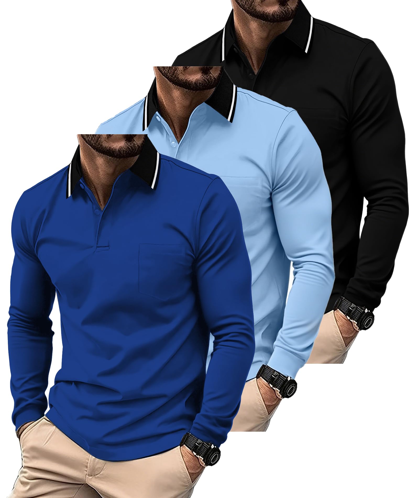 SwissWell Lot de 3 Polo Homme Manches Longues Respirant et Léger Golf T-Shirt Business Casual
