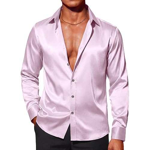COOFANDY Men's Silk Satin Dress Shirts Jacquard Long Sleeve Floral Button Up Shirts Party Prom Wedding Shirt