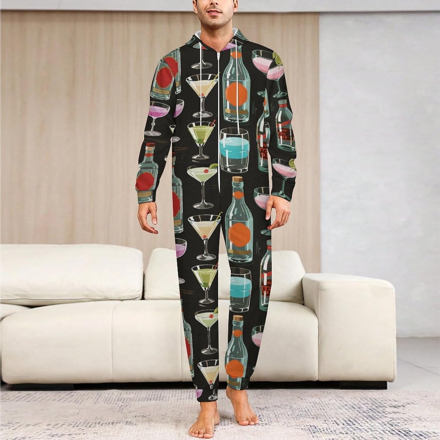 Adult Onesie Pajamas Martini Drink Bottles Sleepwear Jumpsuit Hooded Zipper for Women Men Costume Loungewear L