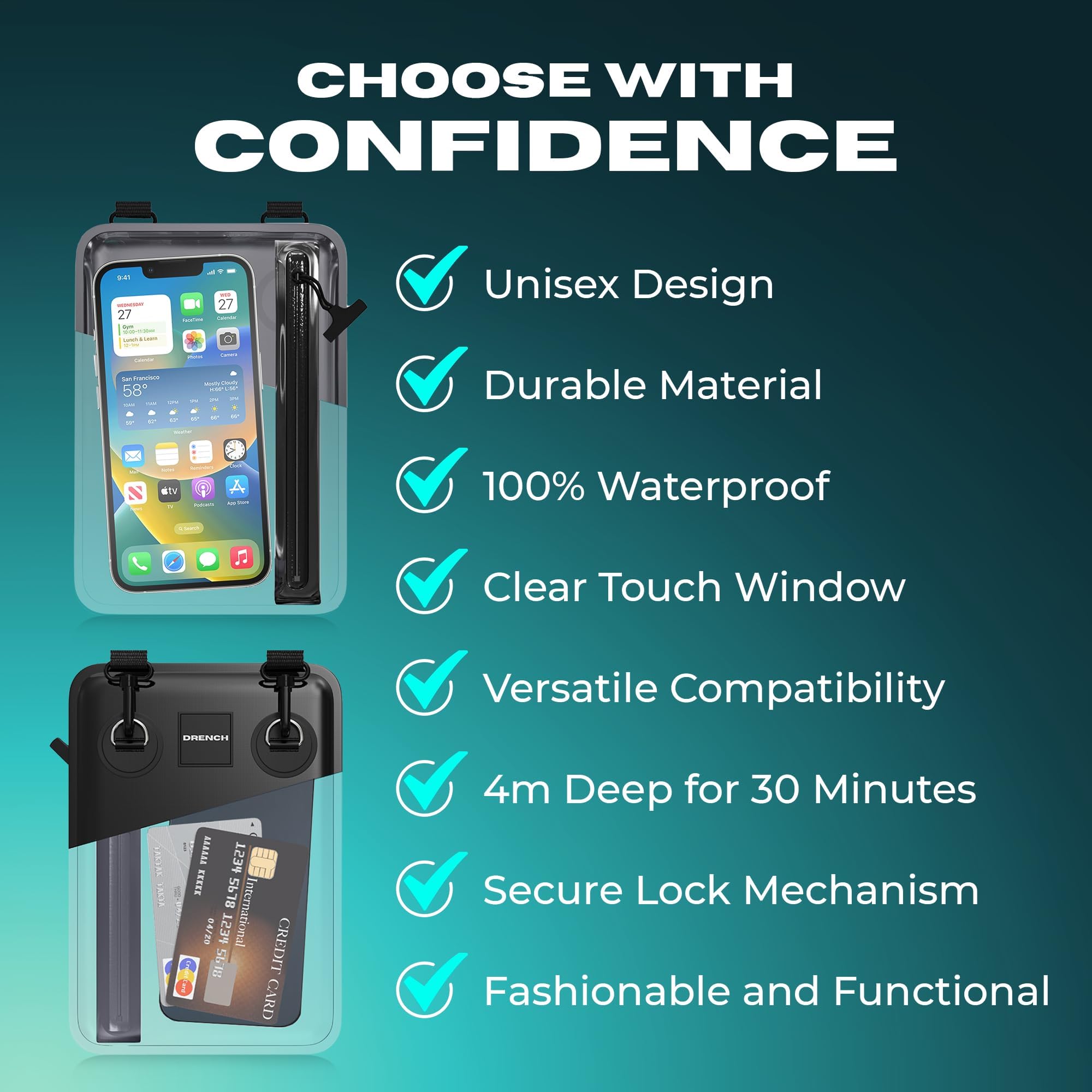 Drench Wasserdichte Bauchtasche, schwarze Bauchtasche für Handy und Reiseutensilien, IPX8 Gürteltasche mit wandelbaren Trägern, Bauchtasche für Damen und Herren, passend für die meisten iPhone