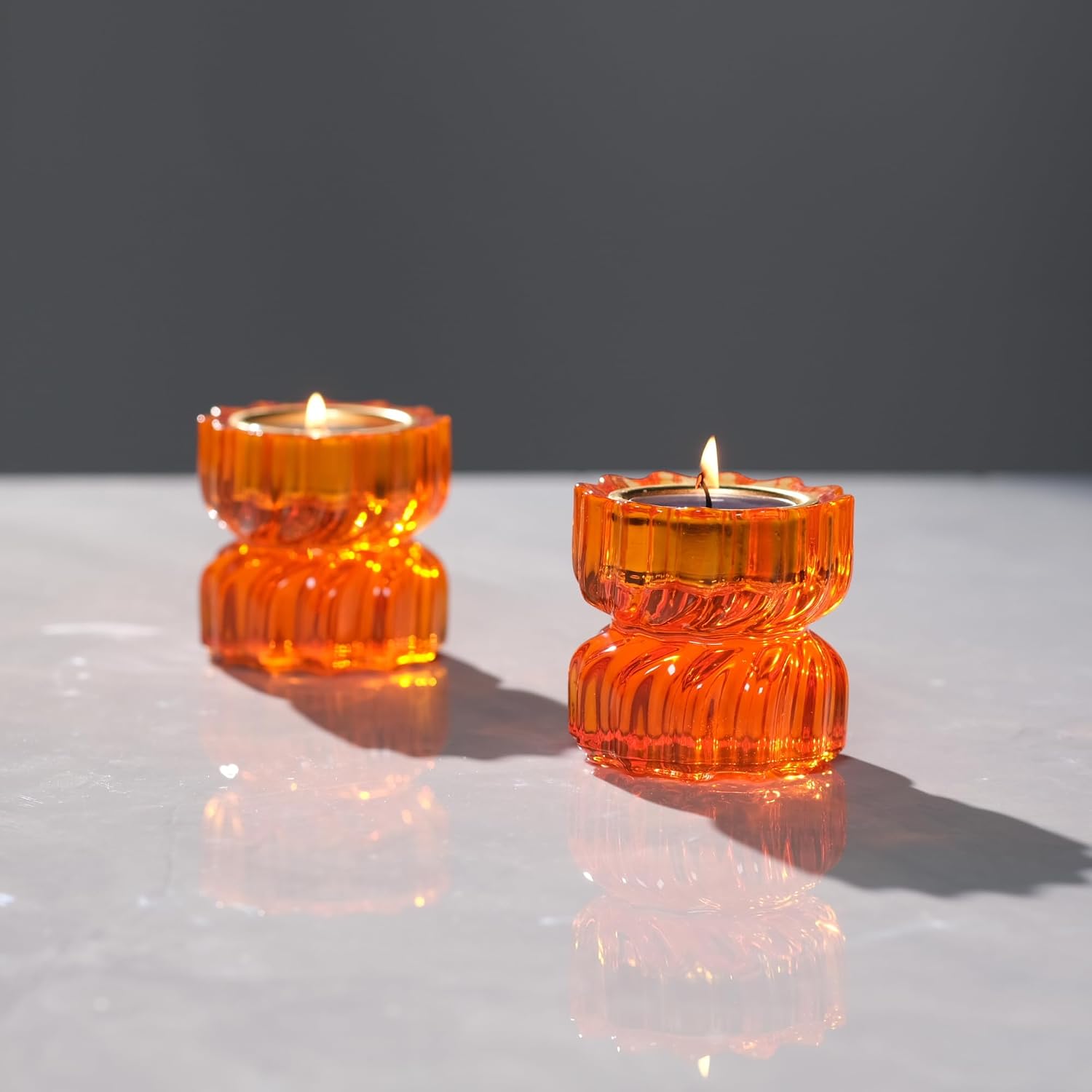 Twizzle Twist Tealight Holder, Decorative Tealight Candle Holder for Table Display, Unique Home Décor, Housewarming Gift, Spiral Sculpture Diwali Tea Light Stand Orange Resin Set of 2
