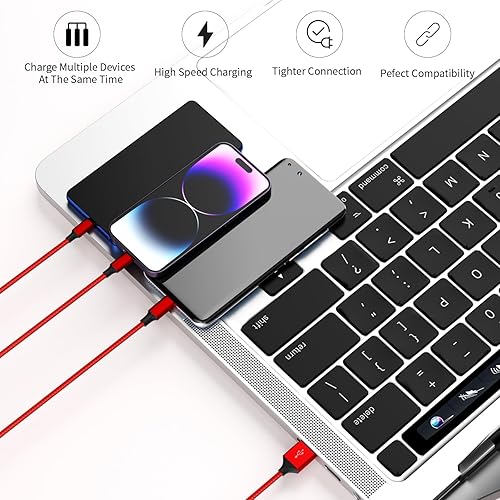 Miniatura 7 de Cable de carga múltiple 3 en 1 [2 unidades de 4 pies], cable USB de nailon trenzado rojo y cargador de viaje para múltiples dispositivos, cargador