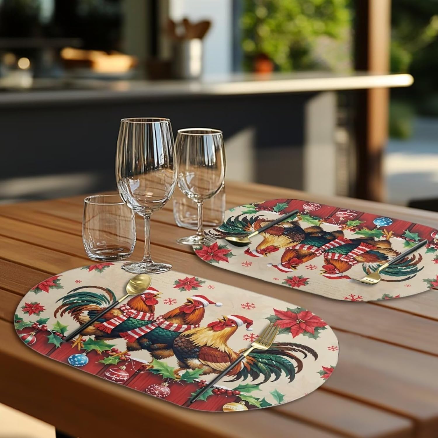 Chicken Place Mats Set of 4 Oval 18x12 Inch Table Mats Wipeable for Christmas Dinner Decor Red Seasonal Placemats