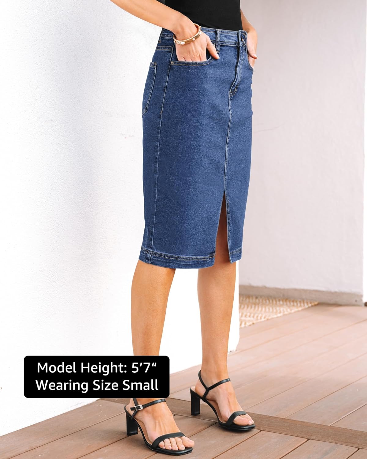 luvamia Jean Skirts for Women Denim Trendy Summer Casual Stretchy High Waisted Midi Below Knee Pencil Skirt with Slit - Image 4