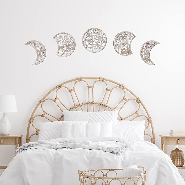 Jetec 5 Pieces Moon Phase Wall Hanging Decor Wooden Moon Wall Art Nordic Moon Phases Wall Art Moon Decor for Room Bar Ornament (Vintage Color)
