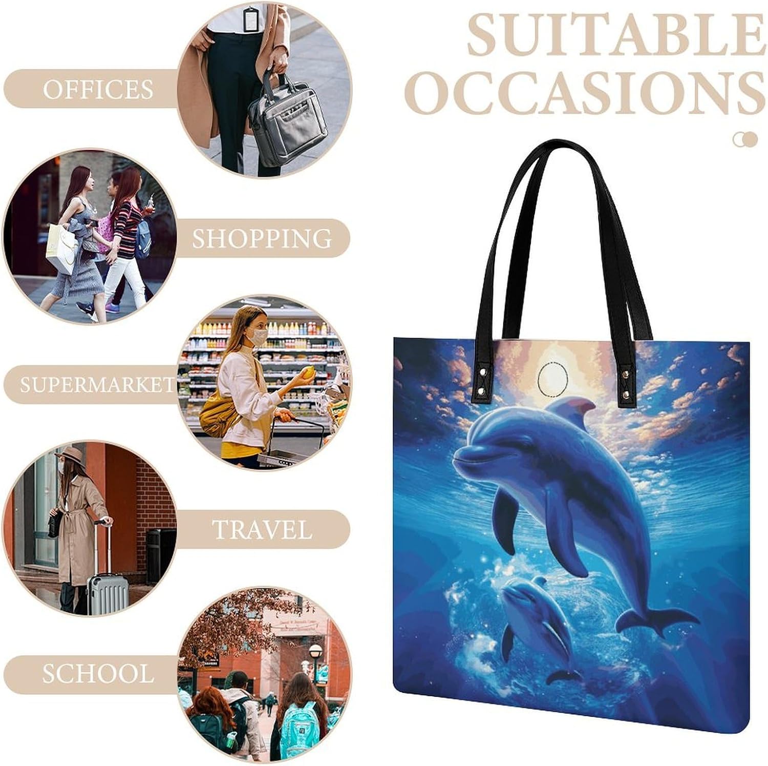 Cute Dolphins Handbags Large Capacity, Tote Bag Stylish Slouchy, Shoulder Bags for Work Beach Travel And Shopping Grocery.