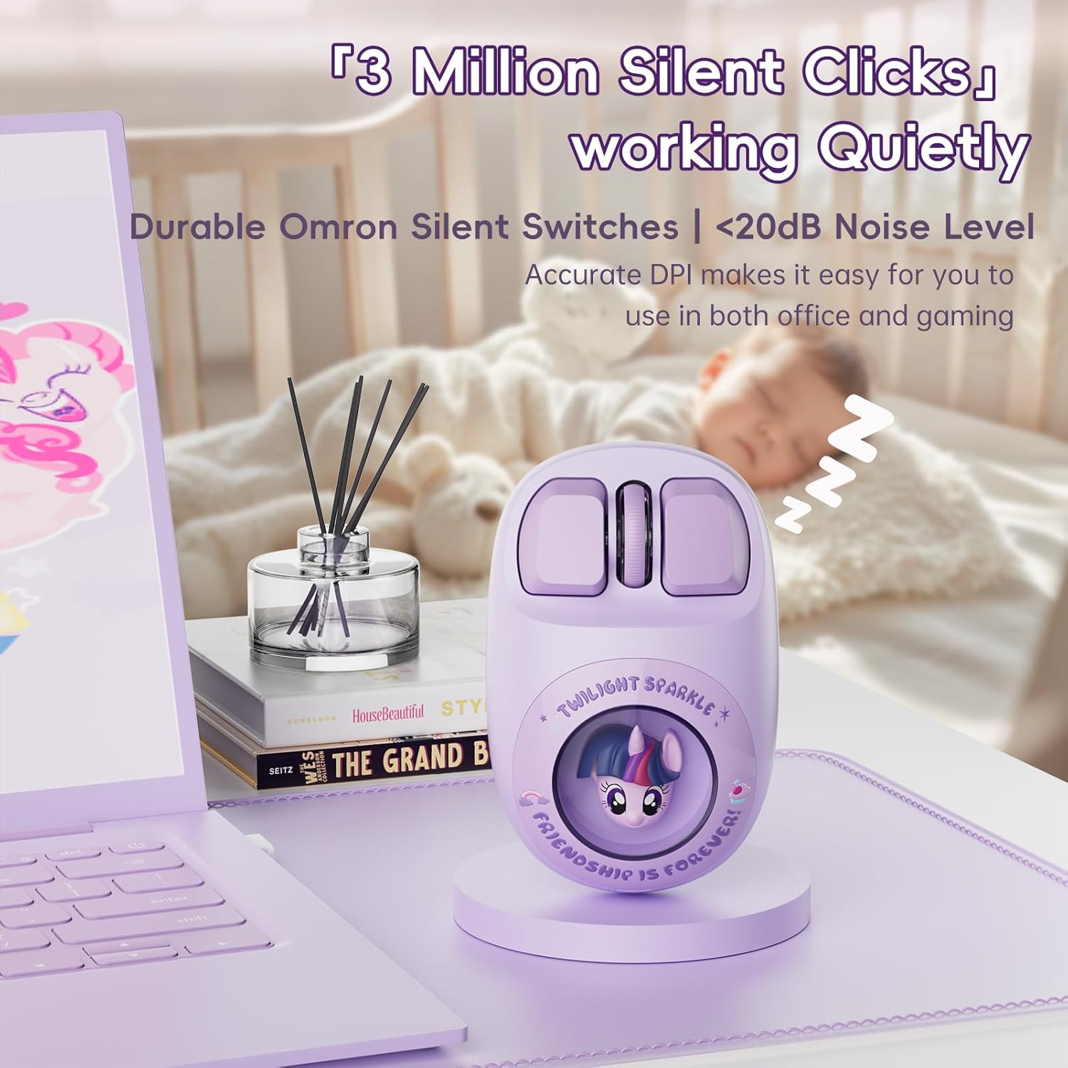 My Little Pony Wireless Mouse - Twilight Sparkle Edition, 3D Character Design Silent Click Mouse with 1600 DPI, Dual-Mode (2.4GHz/Bluetooth), Ergonomic for Mac/Windows