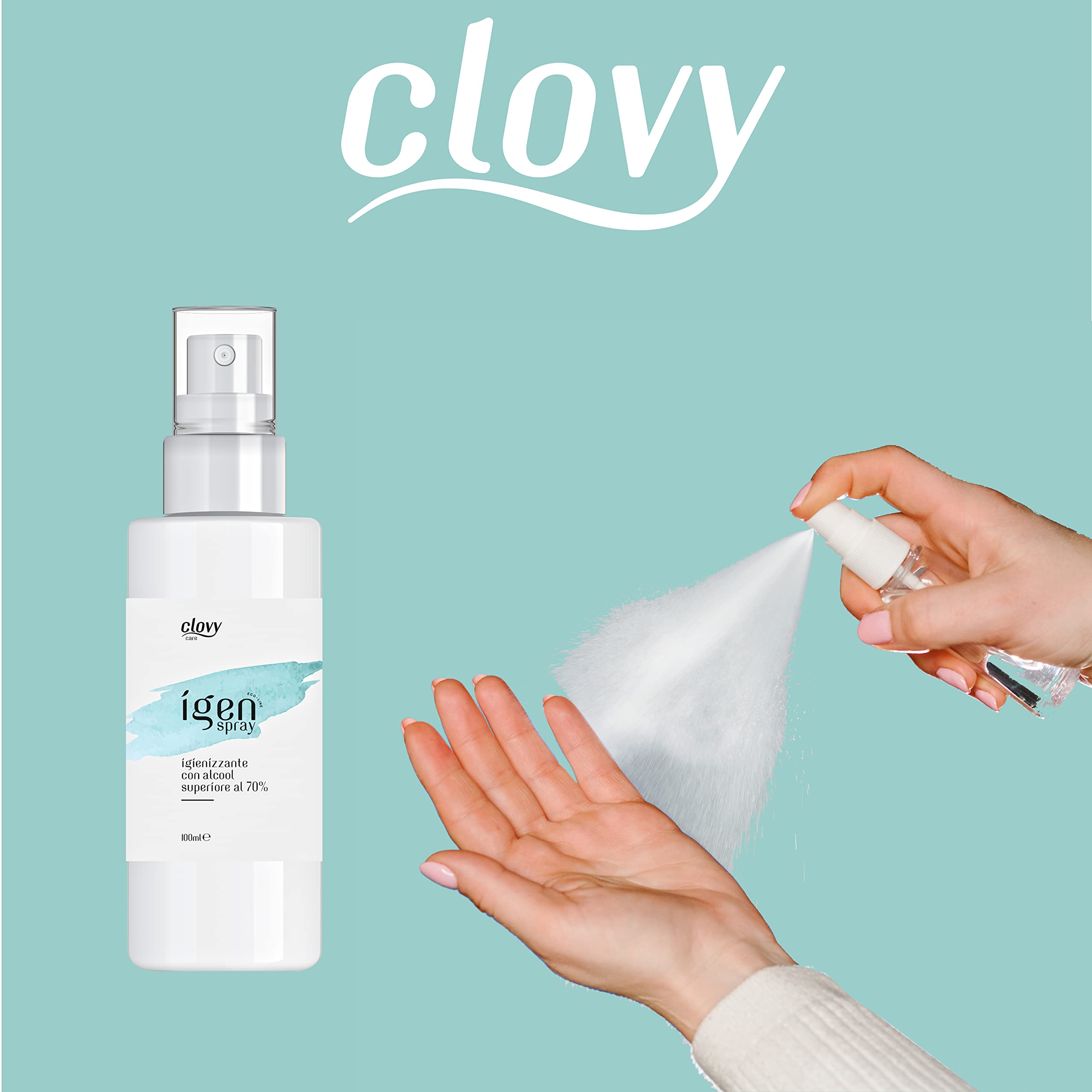 Clovy Care. Igienizzante spray tascabile 2in1 da 100 ml con alcool contenuto >70% per mani e superfici. Senza risciacquo. Rapida asciugatura. (100 ML, 6)