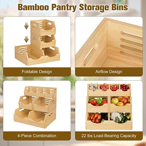 Miniatura 4 de Contenedores de almacenamiento de despensa de bambú de 3 niveles mejorados, contenedor de almacenamiento apilable para papas y cebollas, cestas de
