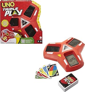 Mattel Games UNO Triple Play Card Game with Card-Holder Unit with Lights & Sounds & 112 Cards, Kid, Teen & Adult Game Night Gift Ages 7 Years & Older, HCC21
