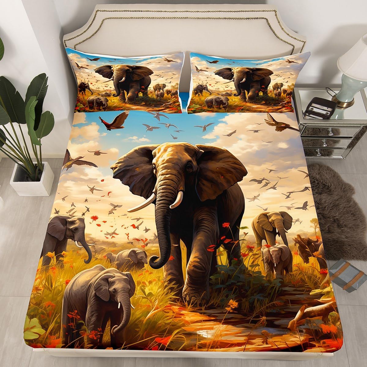 Cartoon Tortoise Kids Fitted Sheet Full Size,Jungle Botanical Plants Bedding Set,Boys Men Room Decor,Turtle Wild Reptile American Animals Rustic Bed Cover,Green Bed Sheet,2 Pillowcases