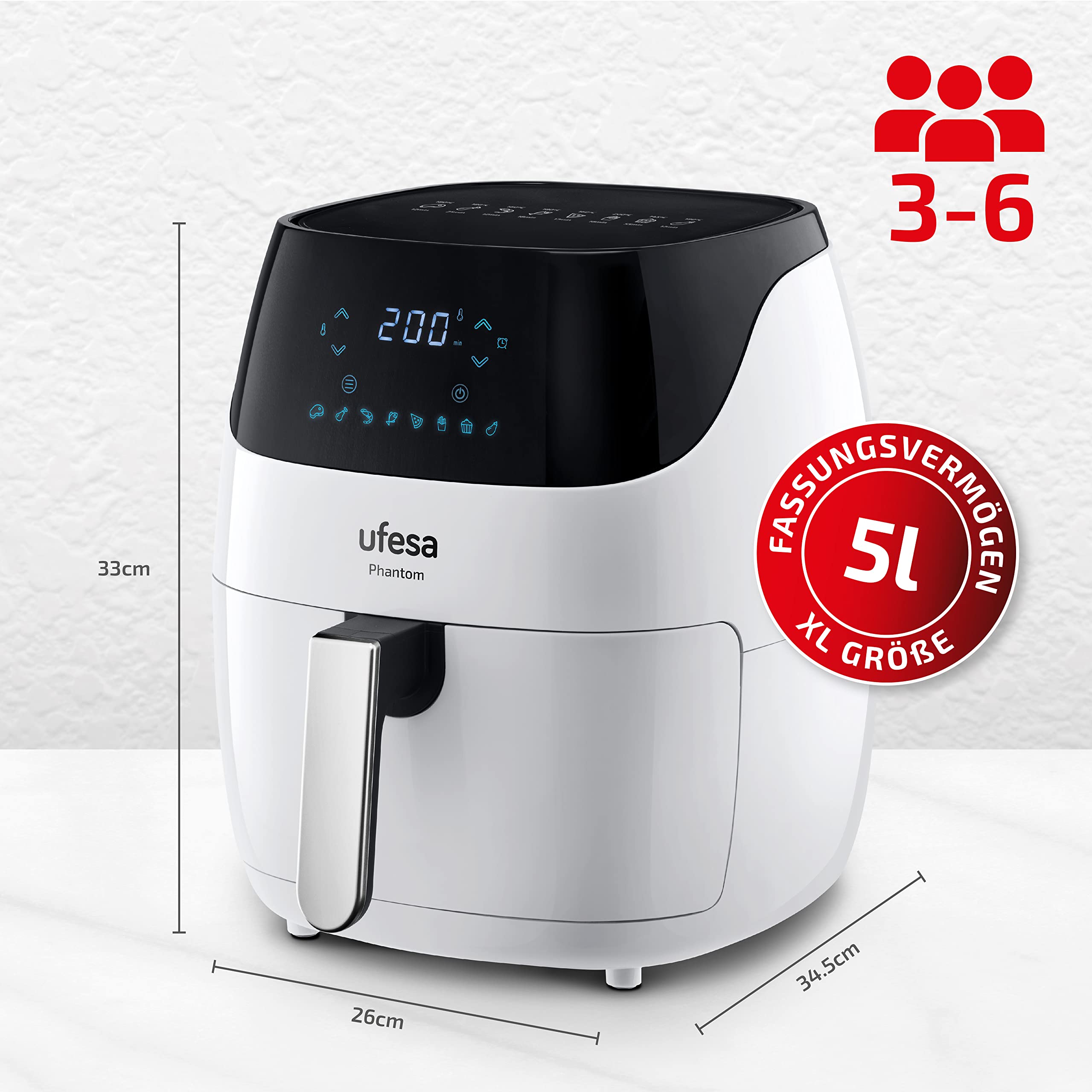 Ufesa AF5100 White Phantom Friteuse Heißluftfritteuse Weiß mit WLAN, 5 L, Digitale Touch-Steuerung, 8 Programme, 1500 W, APP mit Rezept, Temperatur und Zeit einstellbar, Amazon-Exklusiv
