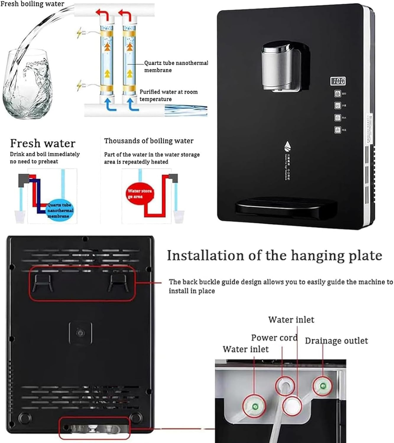 2200W Wall-Mounted Mains Fed Unit Water Dispenser, Intelligent Hot and Cold, 3-Second Quick Heat, 30L/h Hot Water, Touch Screen and Electronic Child Lock, for Home and Office