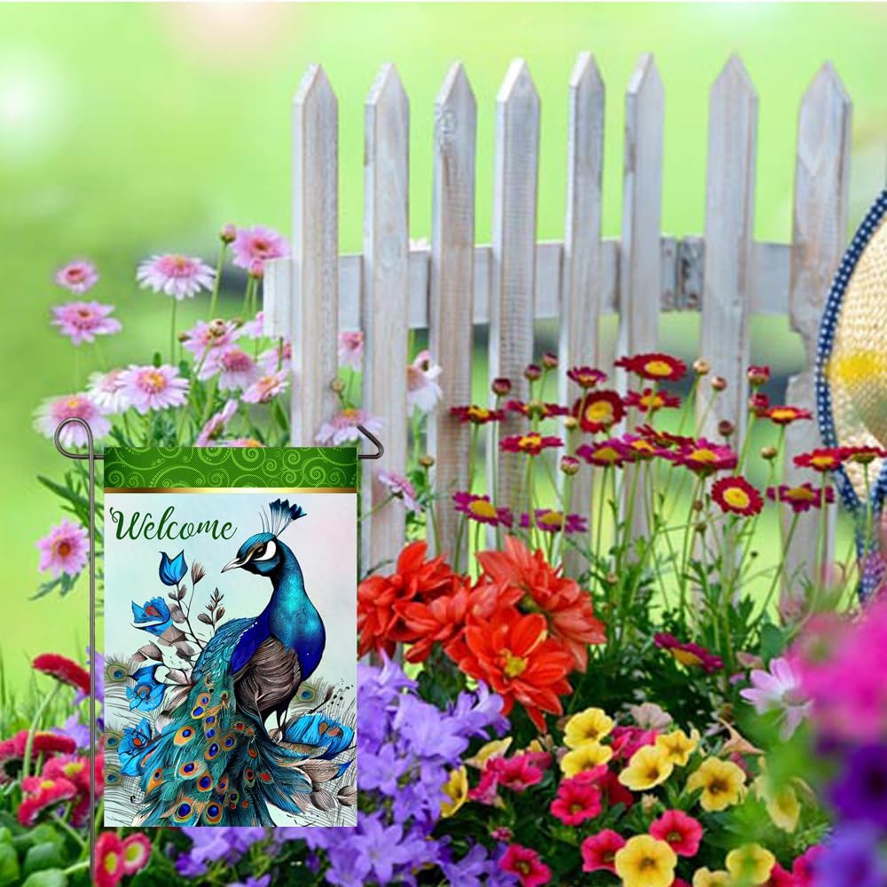 Peacock Garden Flag 12x18 Inch Double Sided Welcome Yard Flag Peacock Garden Decor Burlap Banner Front Porch Lawn Outdoor Decorations - Image 4