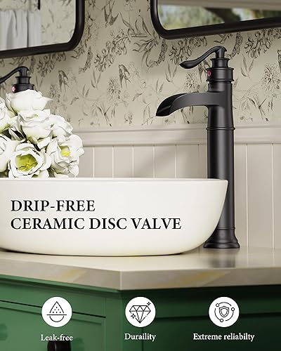 Miniatura 5 de Homevacious Grifo de baño de cascada negro mate, grifos de fregadero de una sola manija, 1 agujero de latón para lavabo de granja con grifo