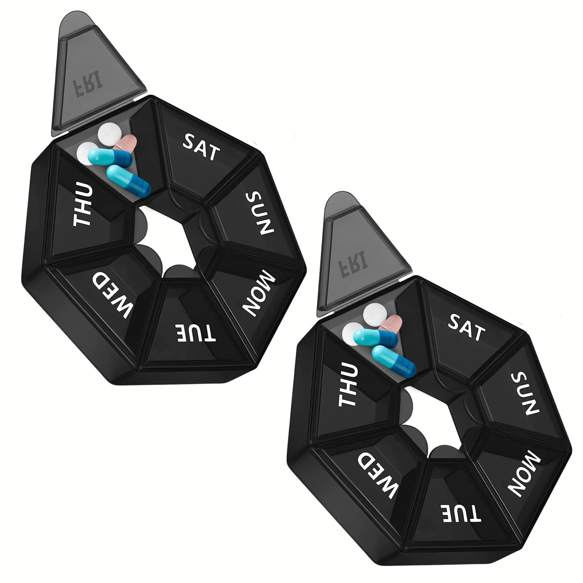 Sortify 7 Day Weekly Pill Organizer Black, Never Miss a Dose With Large Pill Box, Portable Pocket Pharmacy Box For Pills, Vitamins & Fish Oil, Travel Medicine Organizer, Holds upto 10 Pills, Pack of 2