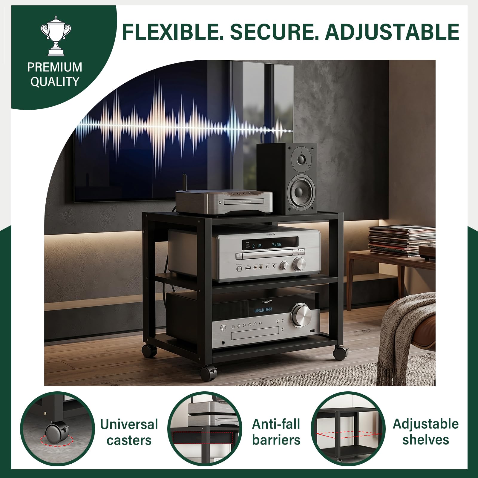 Mobile Hi-Fi Rack Audio a 3 Ripiani, Supporto Stampante con Ruote, Tavolino Porta Stereo per Giradischi e Amplificatore, Scaffale Multiuso in Metallo per Ufficio e Casa, Nero