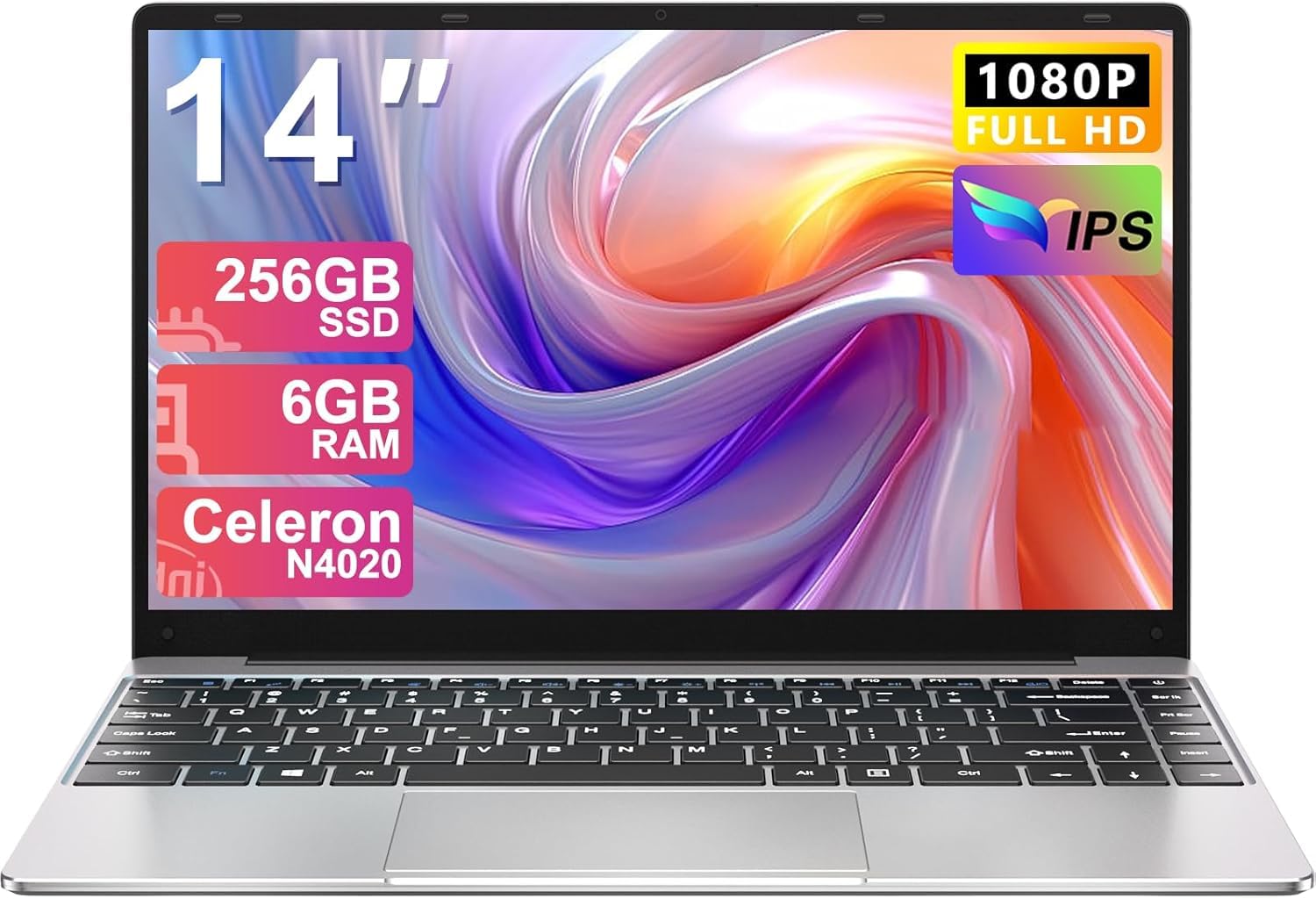 Laptop 14" 6GB+256GB SSD Celeron N4020 Up to 2.8 GHz Win 11 Laptop Support 512GB TF 1TB SSD Expand Notebook with 1920 * 1080 FHD 5G WiFi BT 4.2 Webcam Cooling Fan-Silver