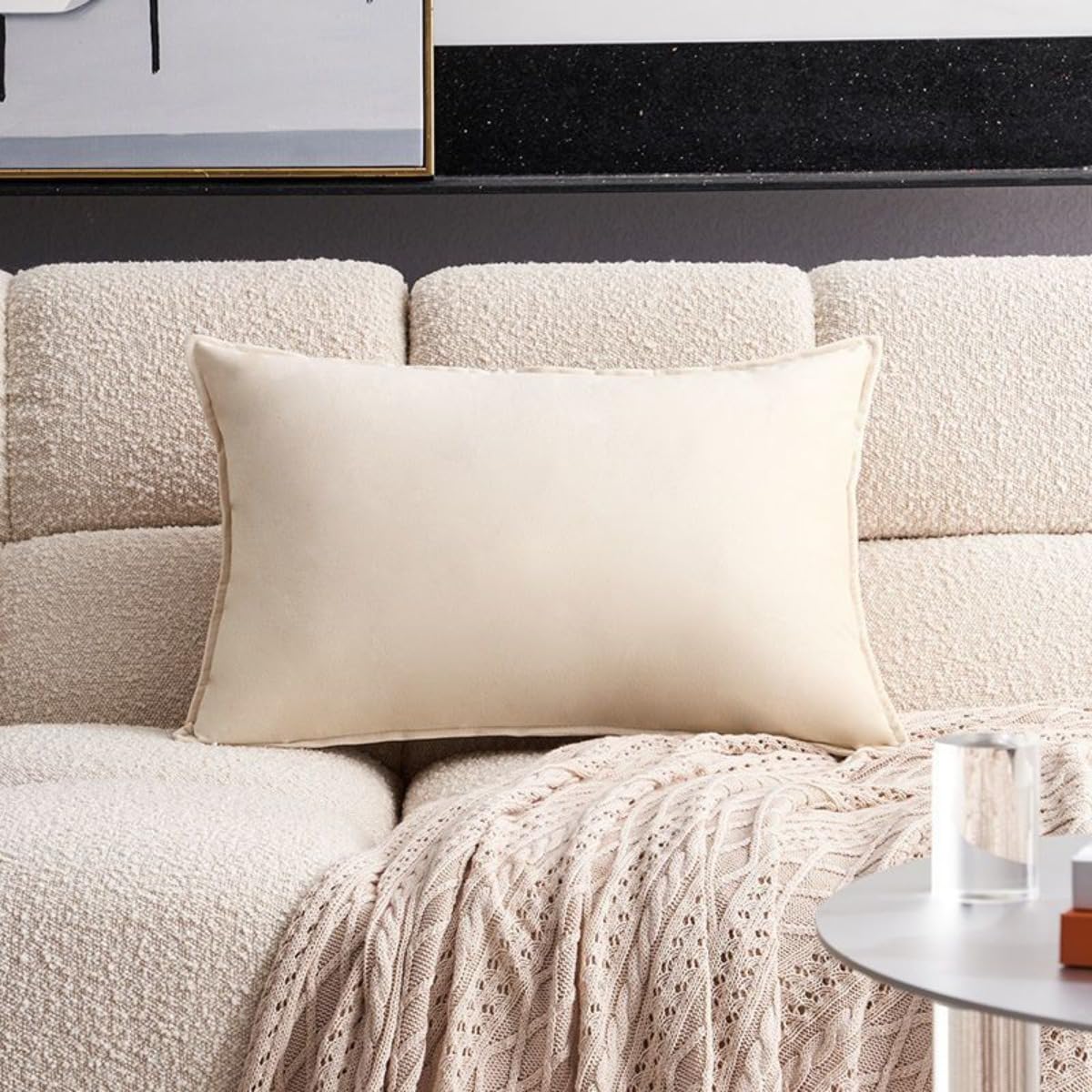 Housse de coussin velours 60x80 cm lot de 2 beige pour grand oreiller de canapé salon