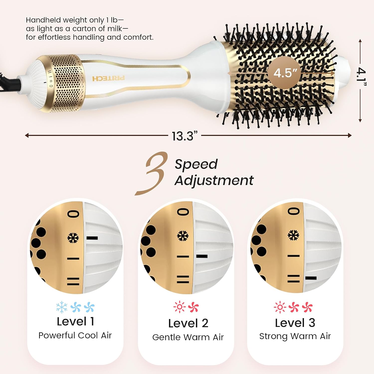 PRITECH 1000W 4 in 1 Hair Dryer Blow Dryer Brush in One,Dual Voltage Hair Dryer and Styler Volumizer with Oval Barrel, Professional Salon Hot Air Brush for All Hair Types (White)