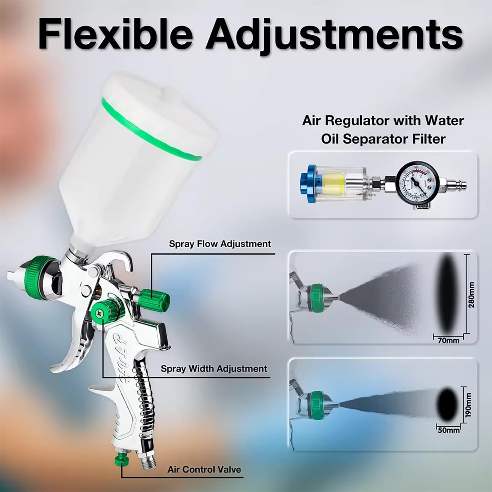 NEWFUN Pistola Vernice a Spruzzo, Kit Pistola a Spruzzo con 4 Ugelli, 1,4/1,7/2,0/2,5 mm, Adatto per Applicazioni a Spruzzo nei Settori Automobilistico, Dell'arredamento e del fai da te (Verde)