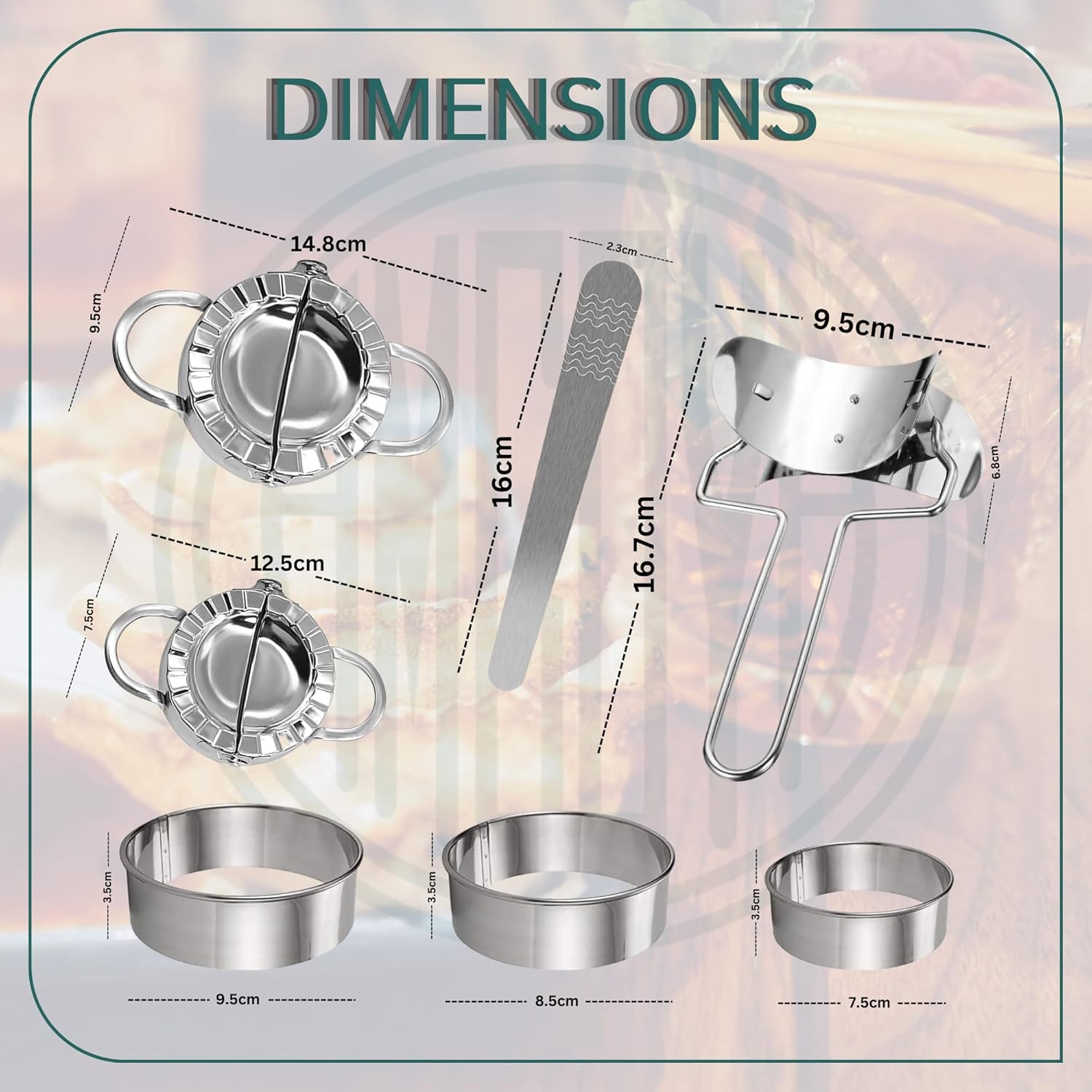 Dumpling Maker Set 7 Piece – Stainless Steel Dumpling Press Kit with Dough Cutter Rings, Empanada Mold & Filling Spoon – DIY Dumpling Maker Tool Set for Gyoza, Pierogi, Ravioli