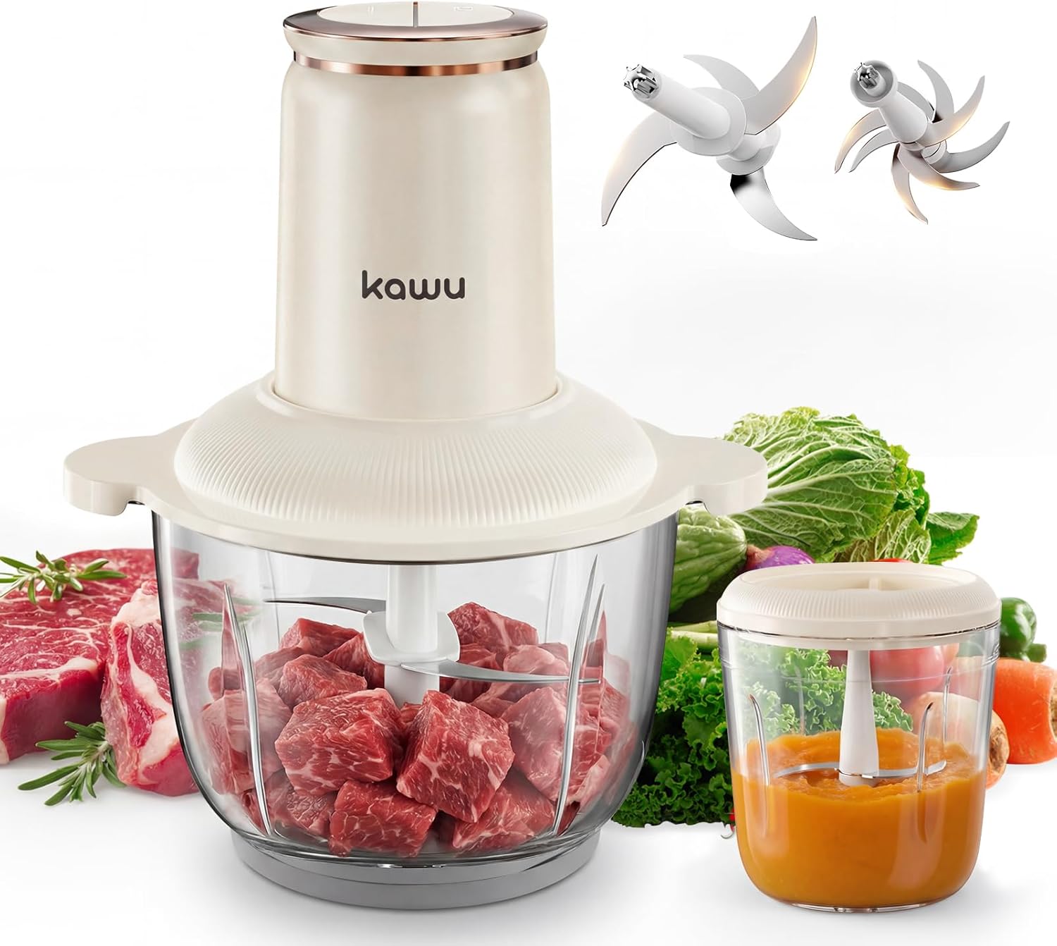 Kawu Electric Food Processors, 300W Food Chopper with 2 Bowls (8 Cup+1 Cup), 2 Speeds Meat Grinder with Stainless Steel Blades, Mini Vegetable Garlic Chopper Glass Blenders for Kitchen Home