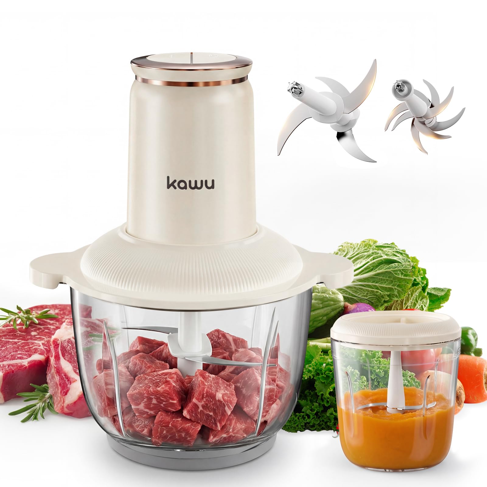 Kawu Food Processor, 2-Speed with 2 Glass Bowls