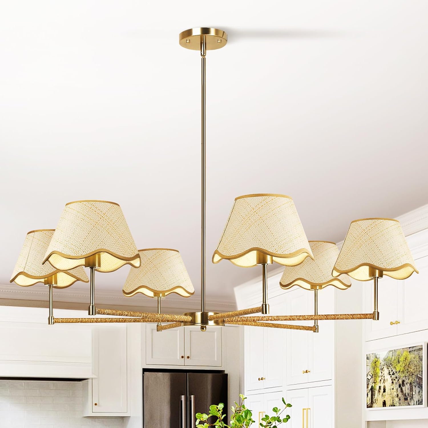 6-Light Farmhouse Chandelier 35.4" Boho Rattan Chandelier with Height Adjustable Dining Room Chandelier for Kitchen Island, Living Room