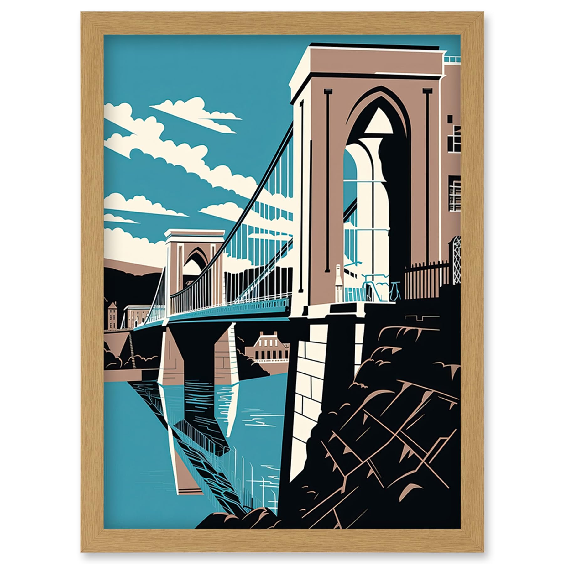 Clifton Suspension Bridge Tan Brown Blue Linocut Framed Wall Art Print A4