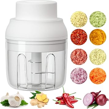 Electric Mini Food Chopper,250ML Portable Garlic Chopper with USB Charging Function, Mini Food Slicer for Onion Vegetables Chili Ginger Meat Nuts Fruits Salad White