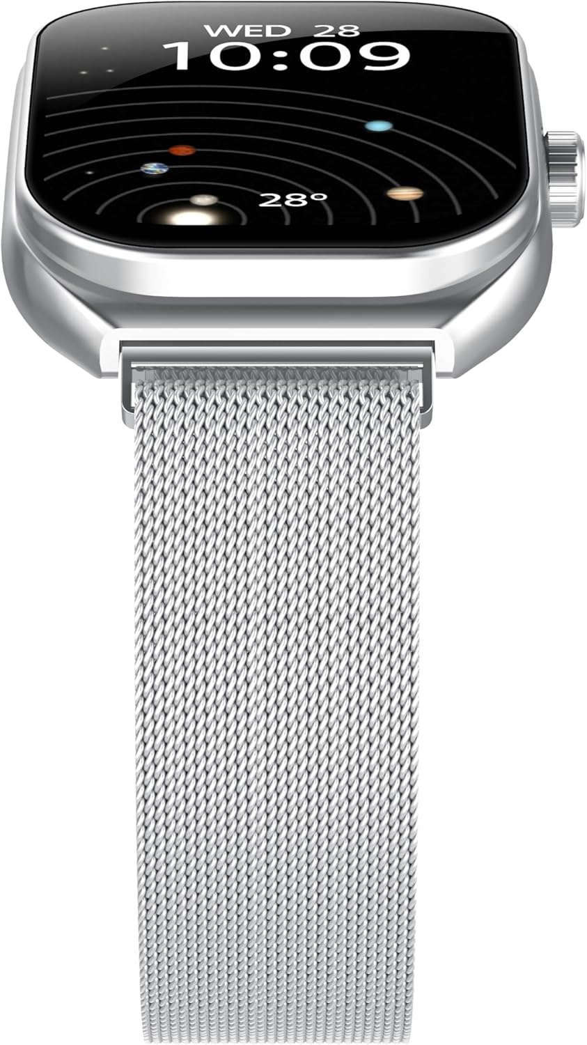 Front view of the Celly Trainerwide Smartwatch with its curved display showing the time and date.
