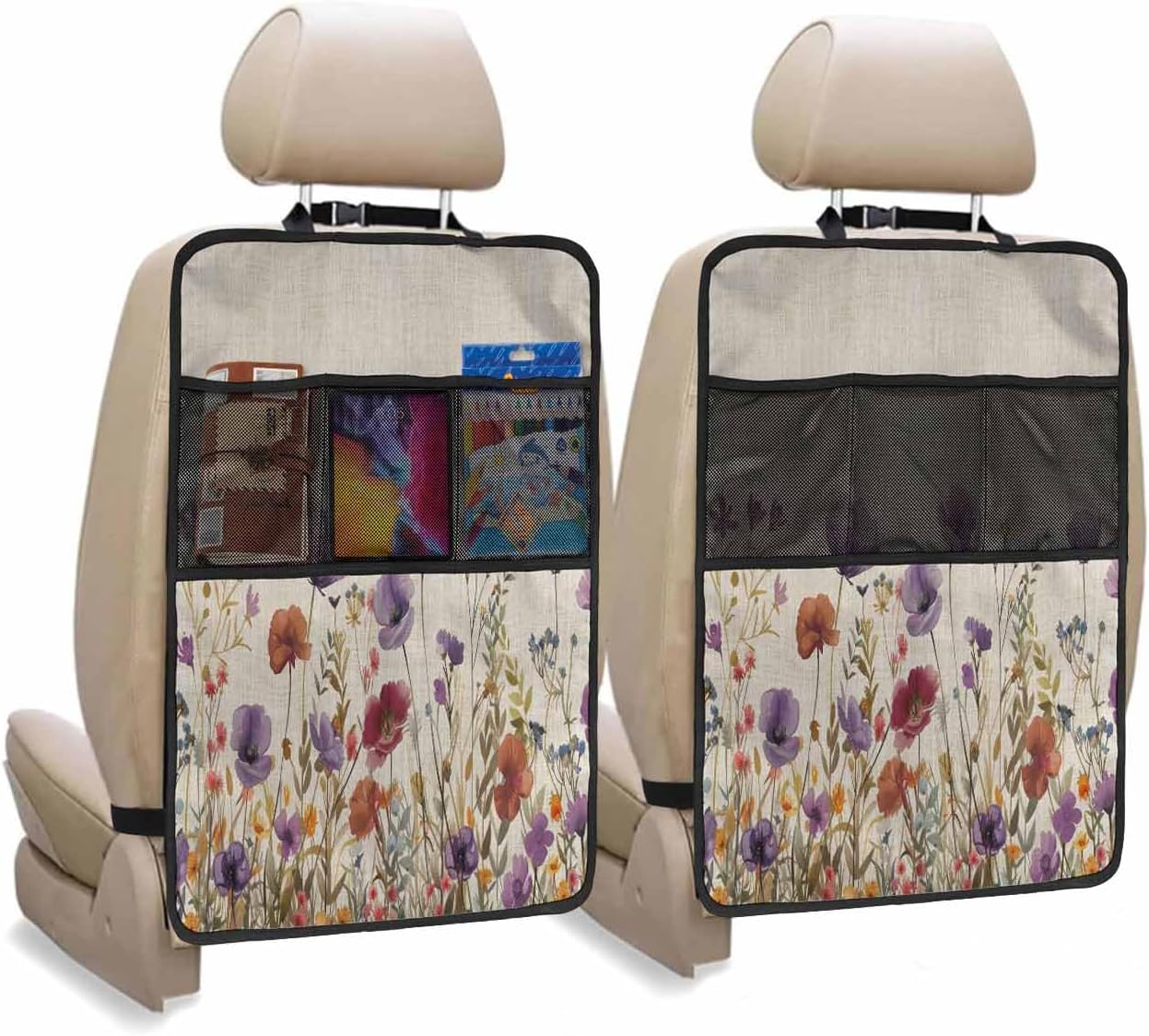 Car Seat Protector, 2 Pack Kick Mats with Organizer - 3 Pocket Storage, Purple Flowers Plants Watercolor Floral Retro Linen Back Seat Cover for Kids Universal Fit Automotive Interior Protectors