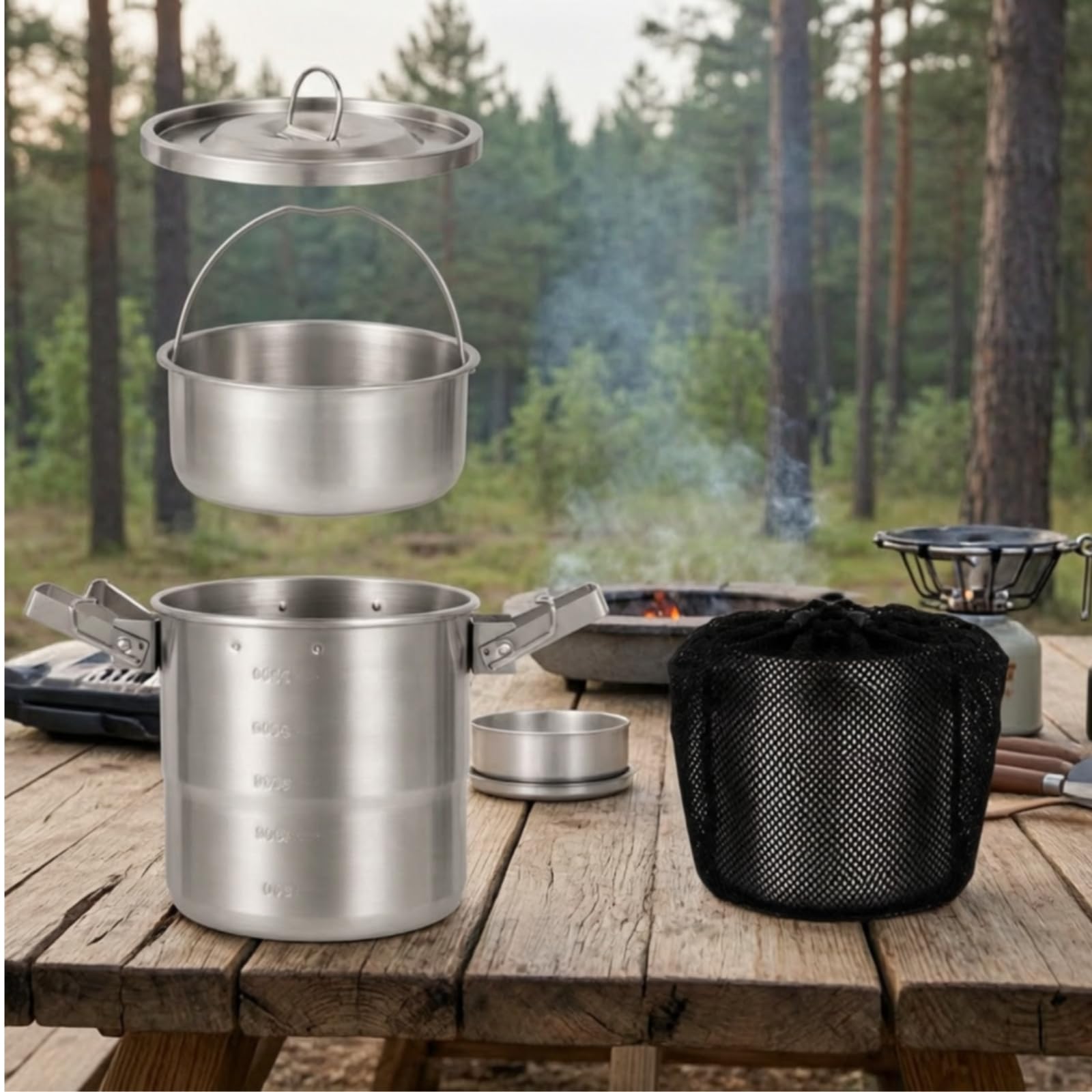 Pentola in Acciaio Inox 3 Litro Inserto per Vapore Vapore Portatile Pentola da Campeggio con Manici Pieghevoli Durevole per Campeggiatori