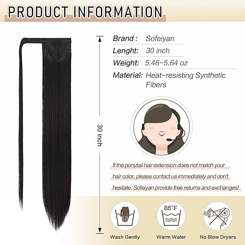 Miniatura 4 de Sofeiyan Extensión de cola de caballo larga y recta de 30 pulgadas, extensiones de cabello sintético con clip para mujer, color negro azabache