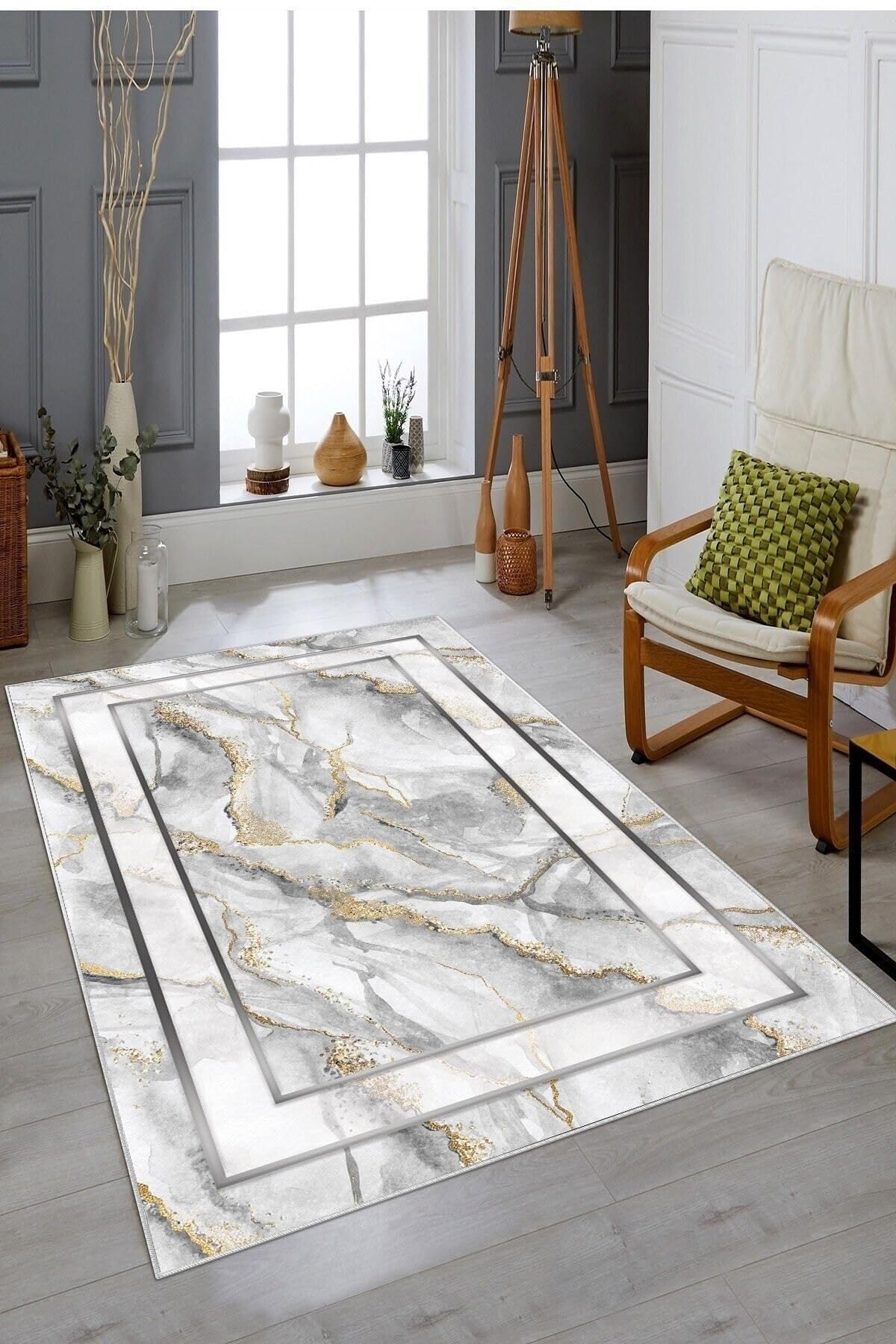 Pelangi Beyaz Mermer Desenli Çerçeveli Yıkanabilir Kaymaz Taban Leke Tutmaz Modern Salon Halısı Ve Yolluk, Beyaz-Gold 100 x 150, 1358102100150728