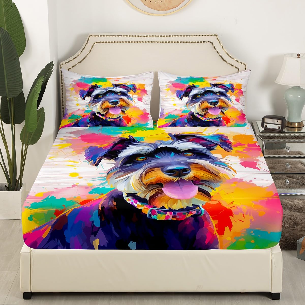 Schnauzer Fitted Sheet Queen Size Tie-dye Dog Bedding Set Watercolor Animals Sheet Set,Rustic Wooden Barn Bed Cover Ultra Soft Breathable Bedding 3 Pcs for Kids Teens Boys