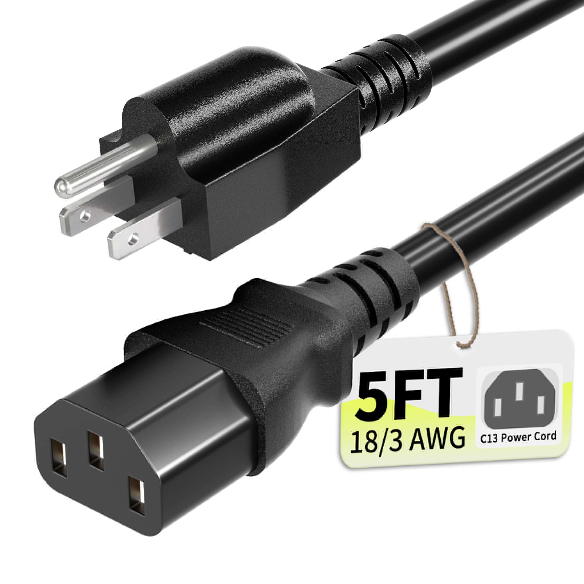 Netzkabel mit 3 Zinken, 1,5 m, 10 A, 125 Volt, 18 AWG, NEMA 5–15P auf C13, schwarz, PC-Netzkabel für TV, Computer, Monitor, Drucker, PlayStation, HP, Dell