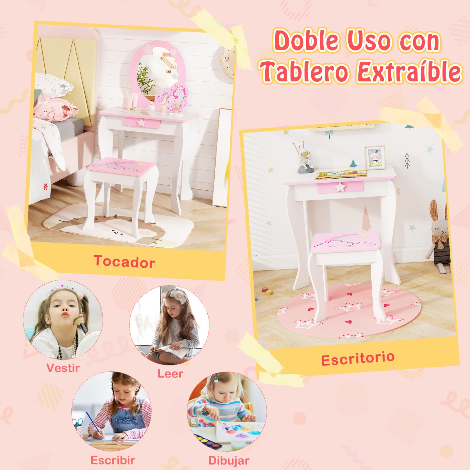 COSTWAY Mesa de Maquillaje con Taburete y Espejo para Niña, Tocador Princesa de Madera con Cajón, para Niñas de 3-7 Años (Blanco)