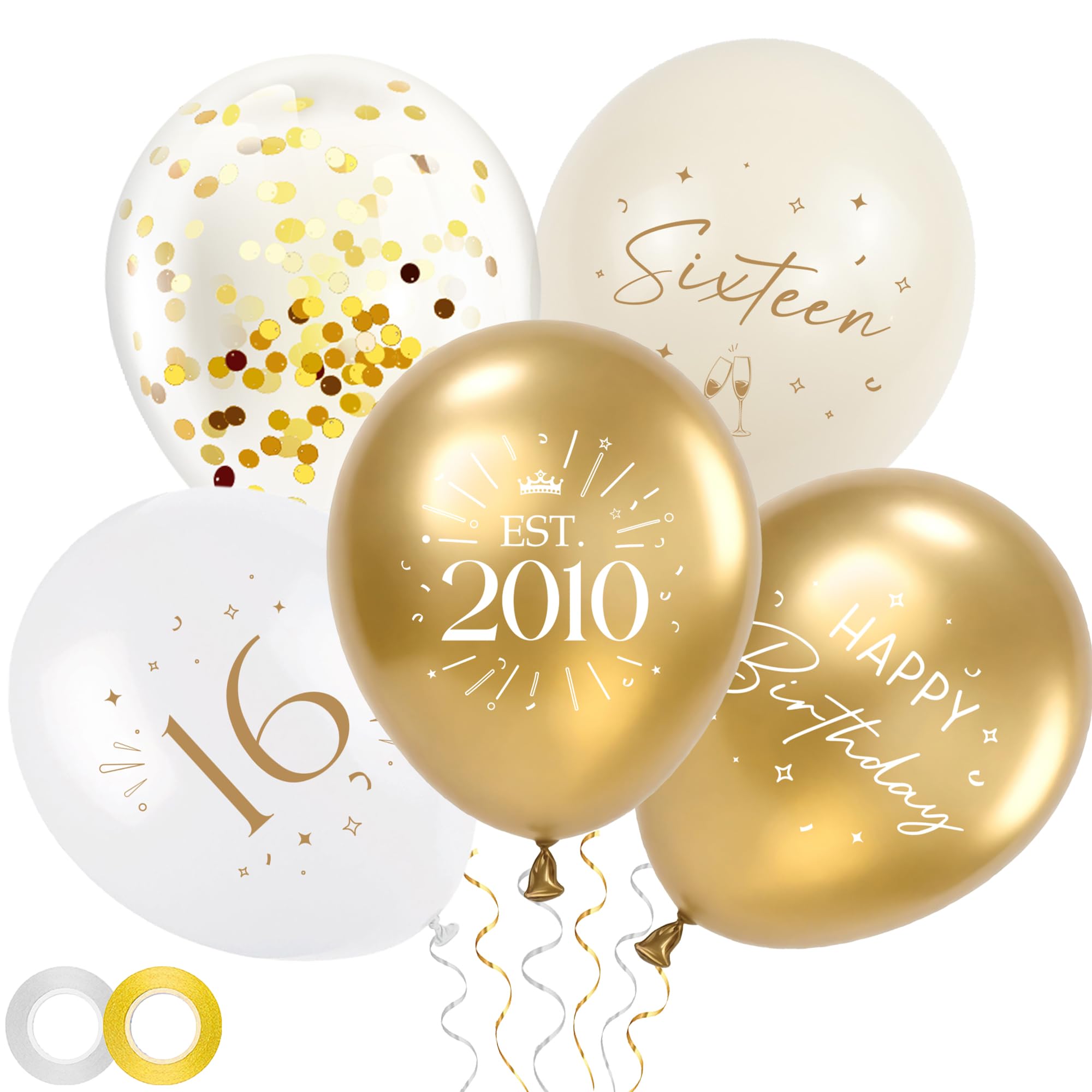 16th Birthday Decorations Party Balloons - 30pcs White Gold 16 Balloons for Girls, Sixteen Latex Balloon with Ribbon for 16 Year Old Party