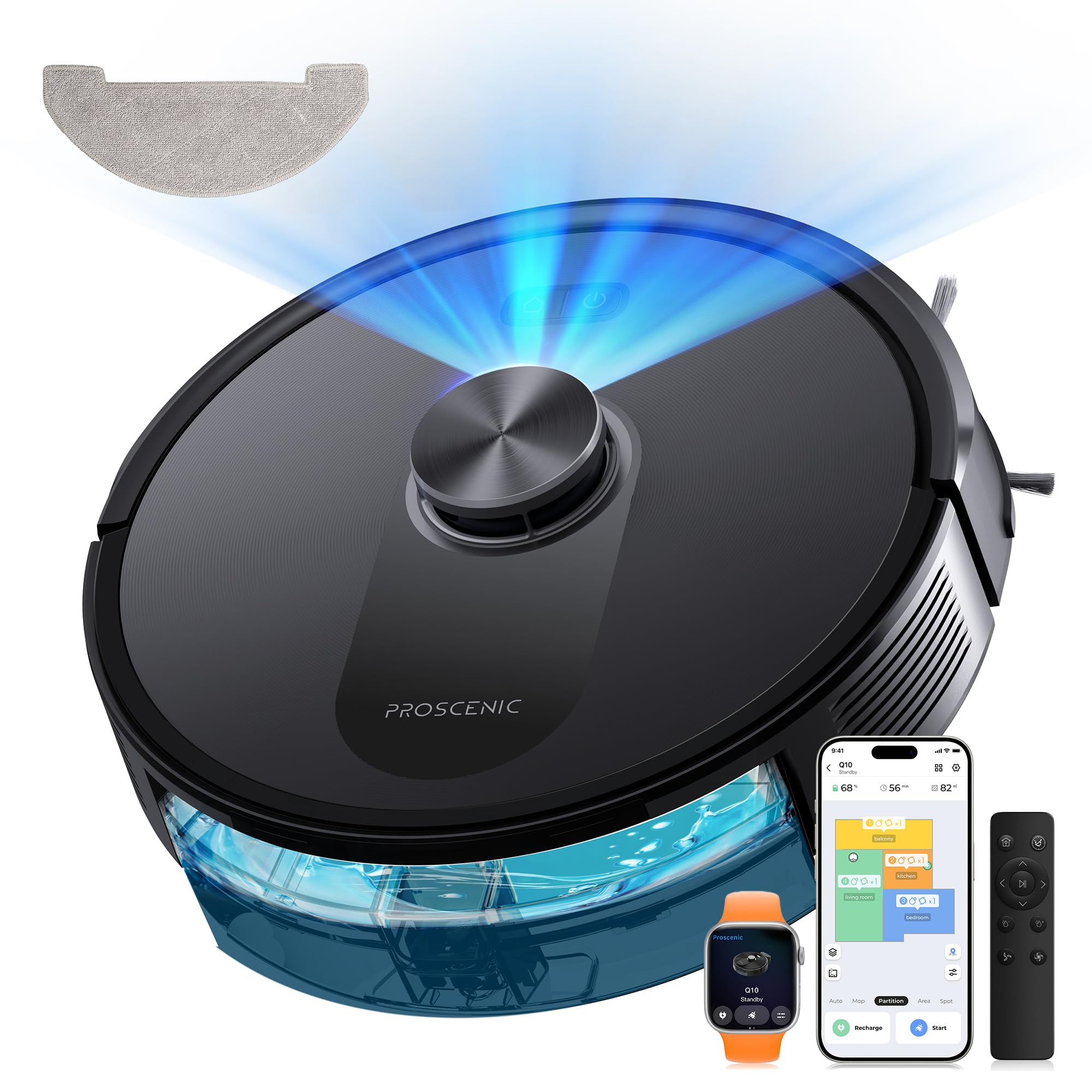 Proscenic Q10 Robot aspirapolvere con funzione di pulizia, 8000 Pa 200 min aspirapolvere robot, navigazione laser intelligente con 5 schede, controllo tramite app Siri Alexa AppleWatch telecomando per