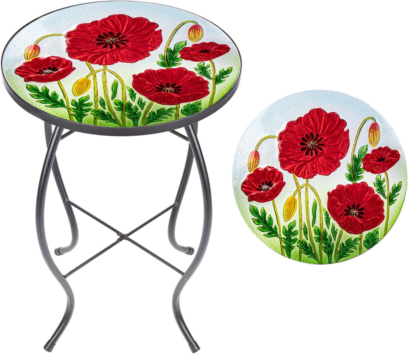 MUMTOP Outdoor Side Table - Small Mosaic Patio Table, 14” Round Accent End Coffee Table Glass Plant Stand for Garden Patio Living Room(Poppy) Red