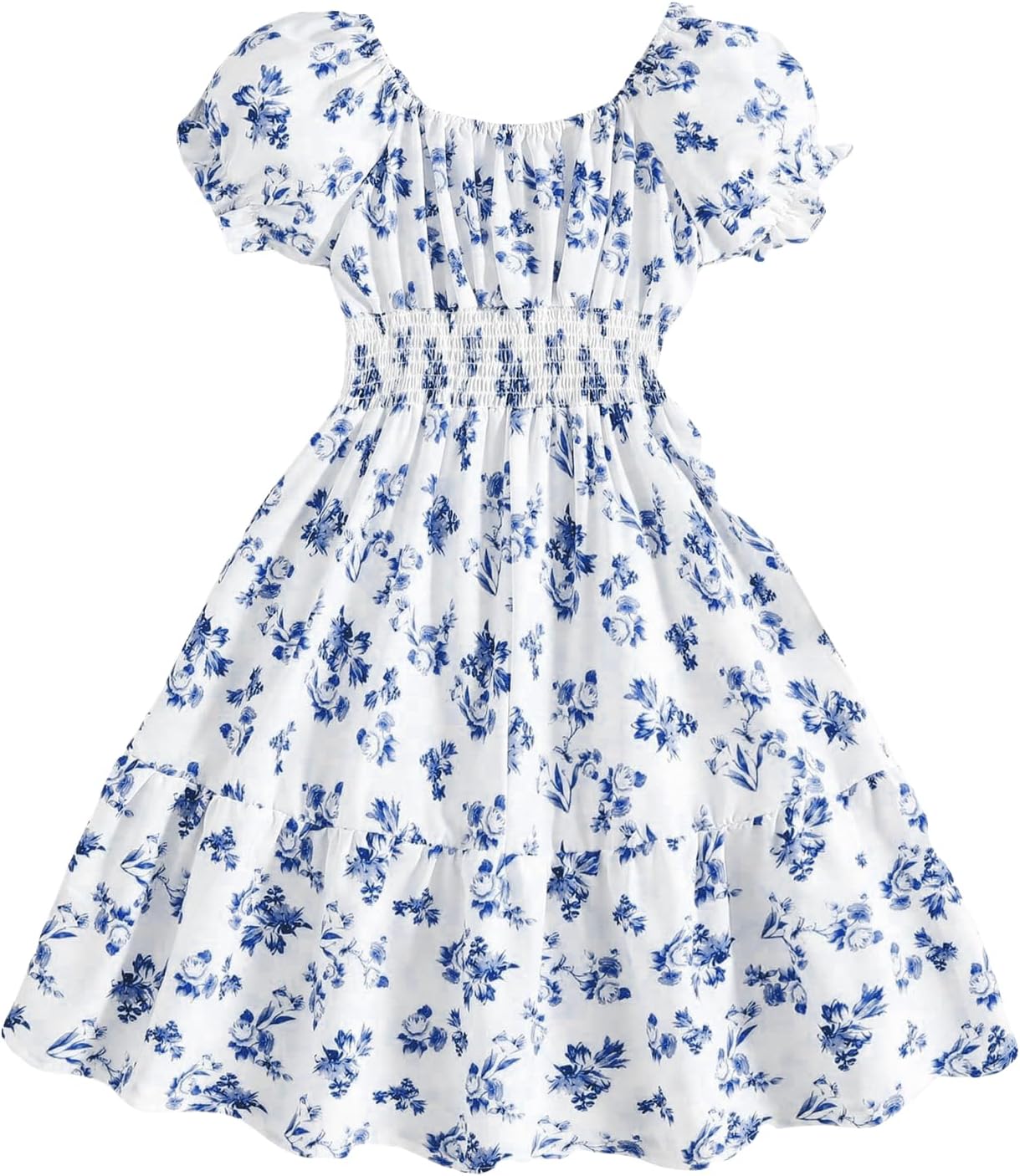 Floerns Girl's Boho Floral Print Puff Short Sleeve A Line Dress Ruffle Hem Summer Dresses