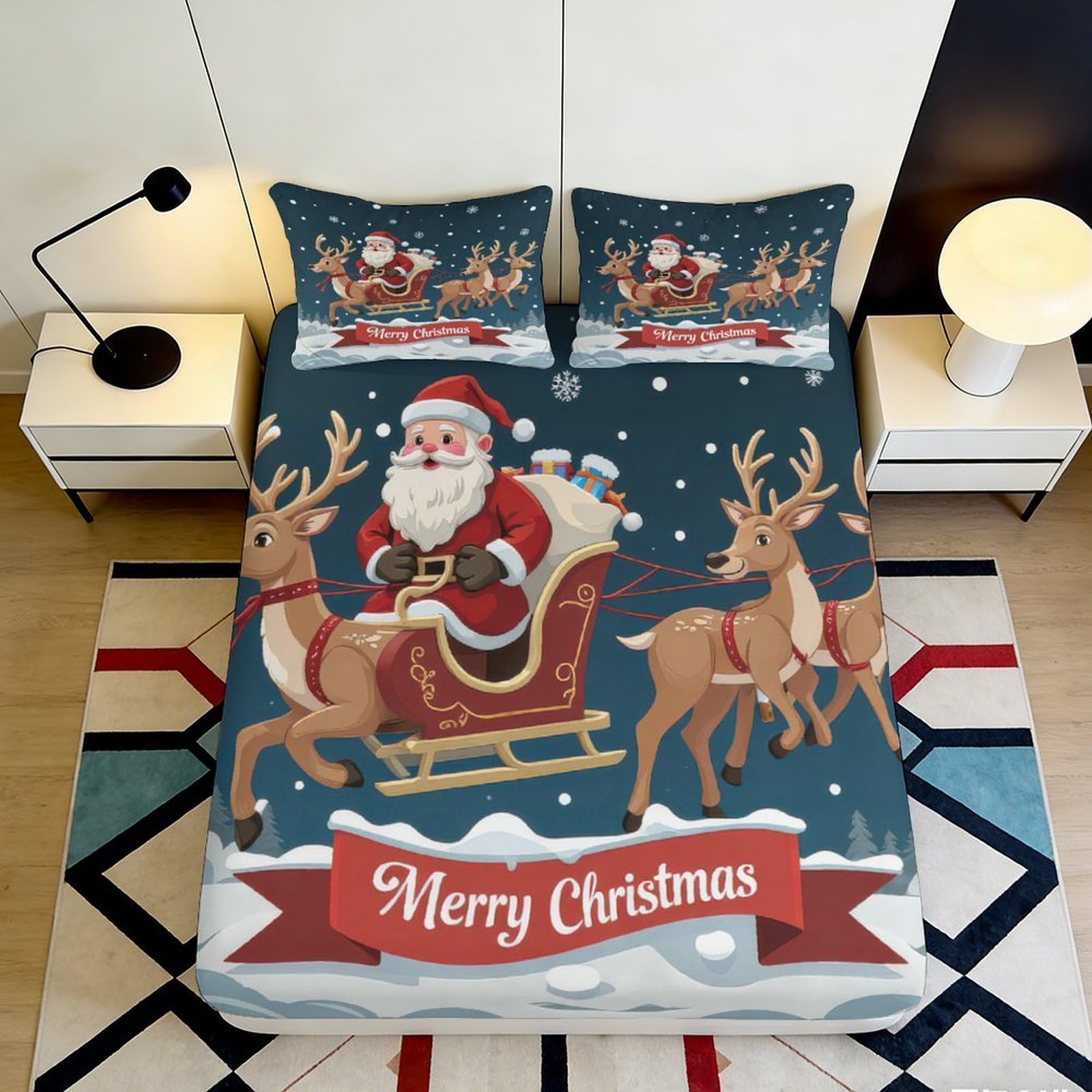 3D Printed Santa Sleigh Fitted Sheet Microfiber Christmas Reindeer Bed Cover for Bedroom Guest Room Machine Washable 90x200x25cm